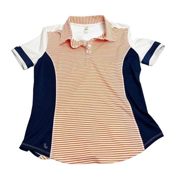 Lole blue, orange and white striped and color block performance polo size S - Picture 12 of 16